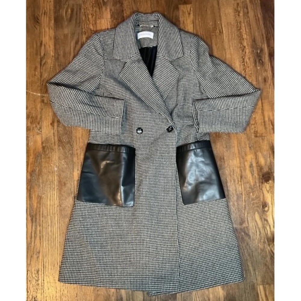 Calvin Klein Black & White Houndstooth Wool Long Coat- Size M